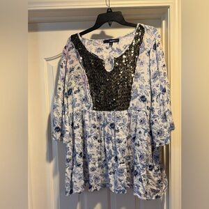 Denim 24/7 Blue and White Floral Tunic with Black Sequin Yoke
